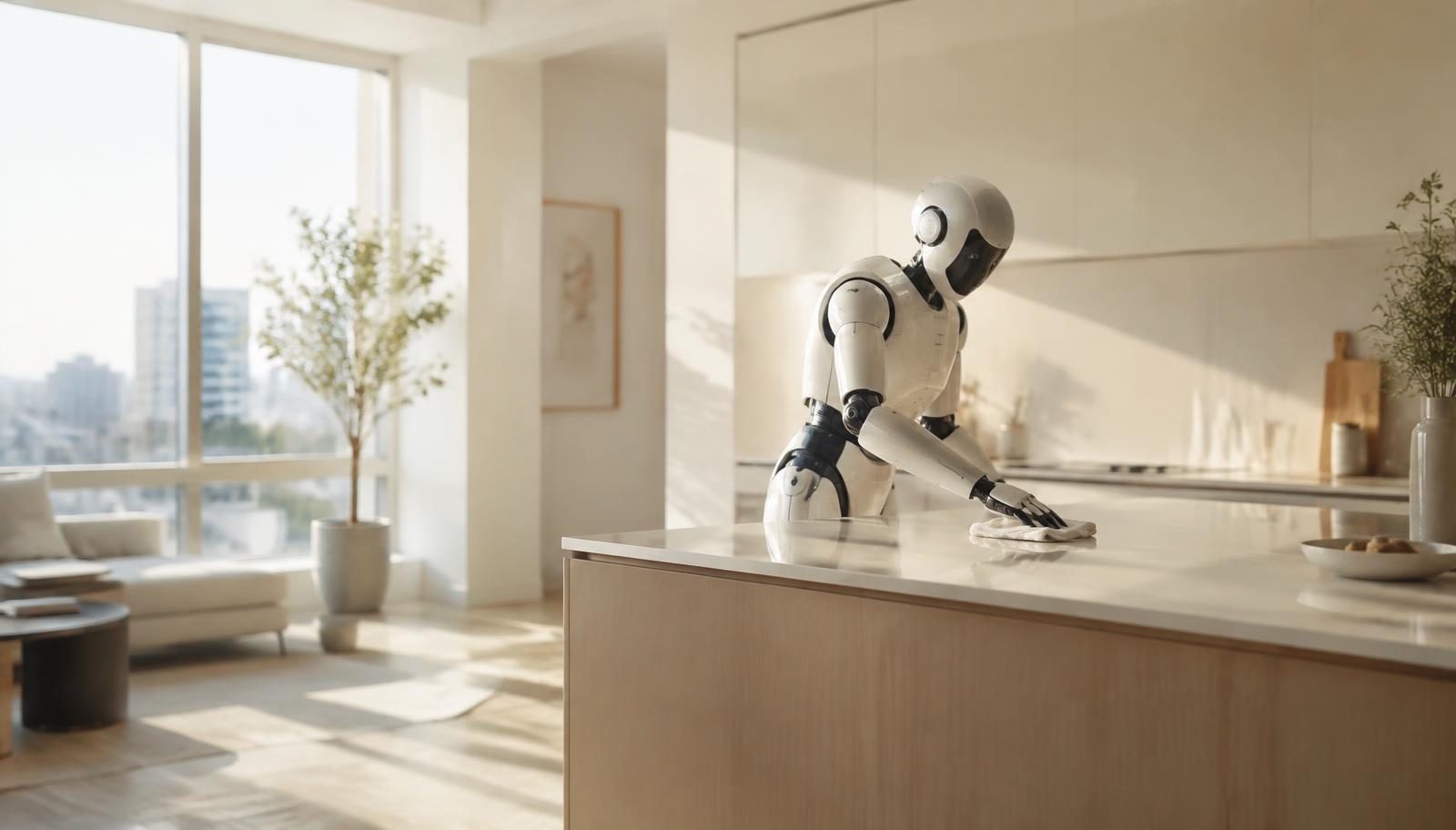 Humanoid robot wiping a kitchen counter